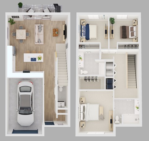 A floor plan of a house with a car parked in the garage.